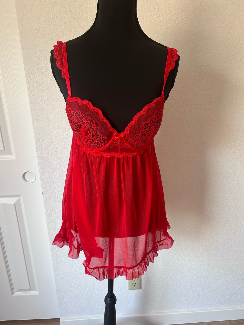 Red Lace Babydoll Chemise with Floral Embroidered Cups